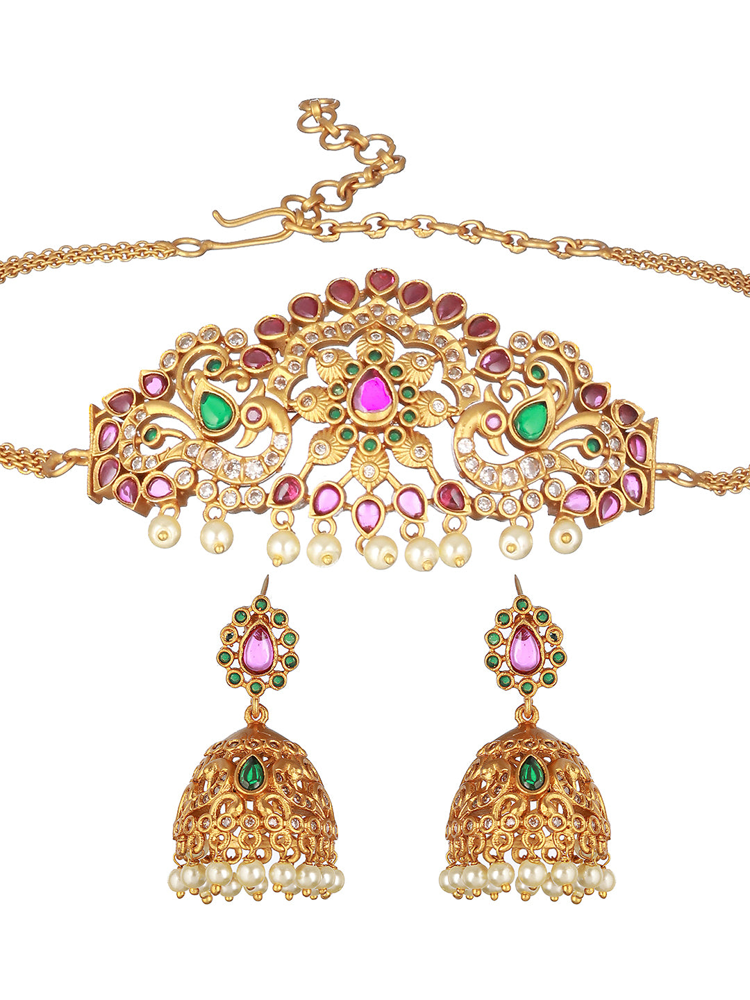 Gold plated Zircon  Studded Peacock Motif  Choker  Jewellery Set