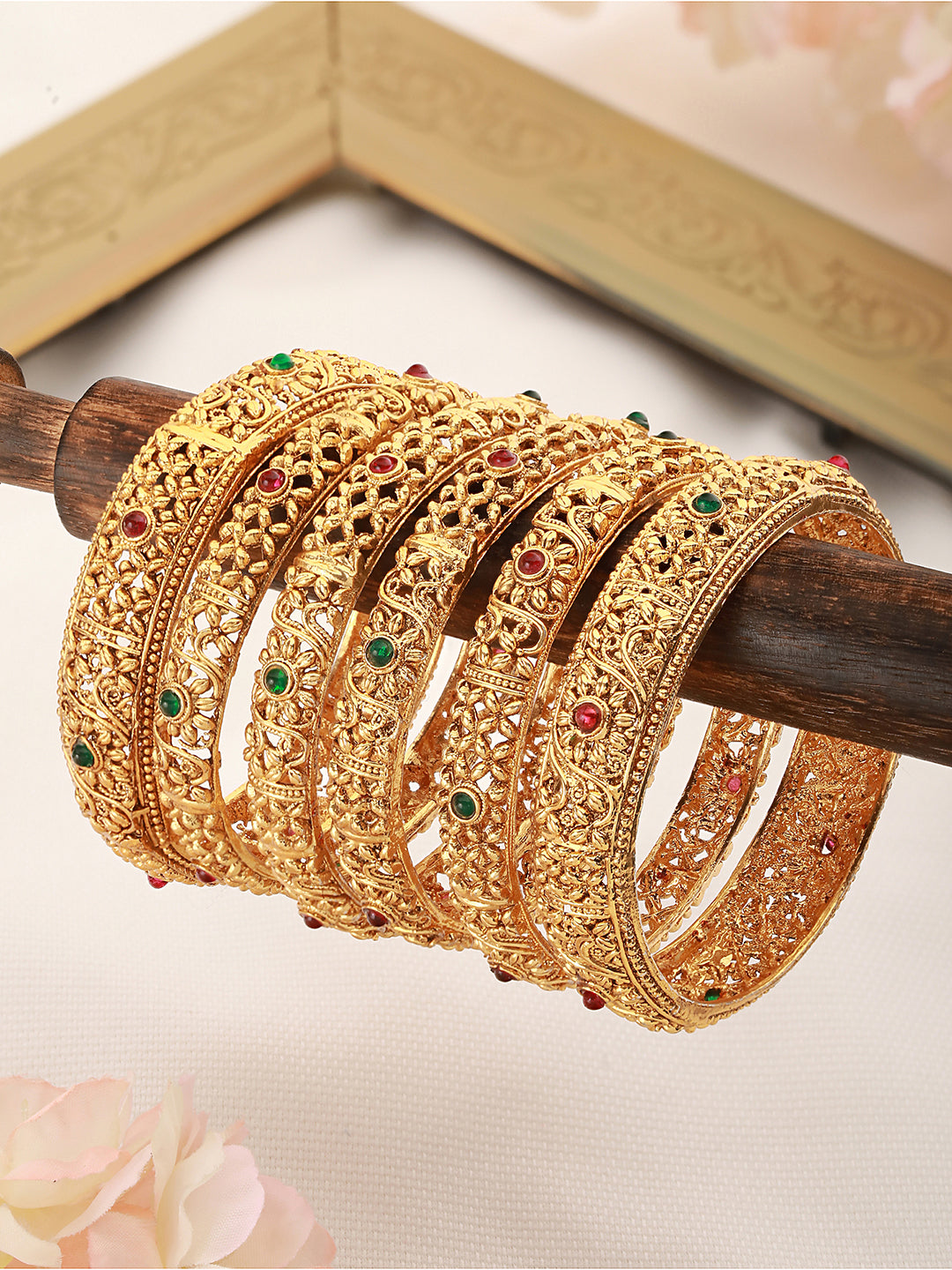 Set of 6 Gold Plated Stone Studded Filigree Bridal Bangles