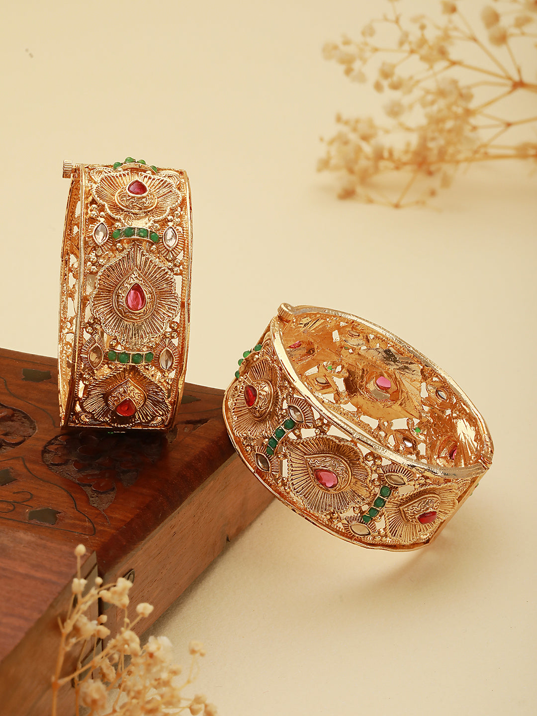 Set Of 2 Gold Toned Petal Motif Openable Bridal Bangles