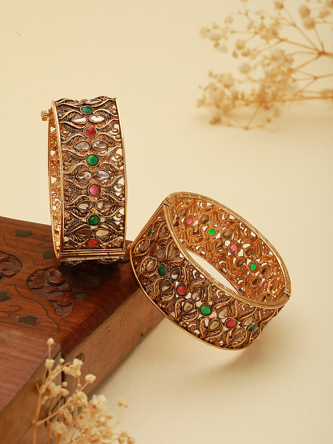 Set Of 2 Gold Plated Multi stone Studded Antique Bangles
