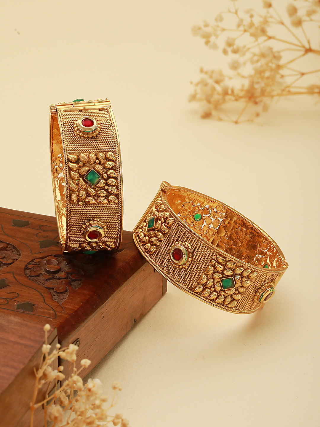 Set Of 2 Gold Toned Red & Green Kundan Studded Openable Bangle Set