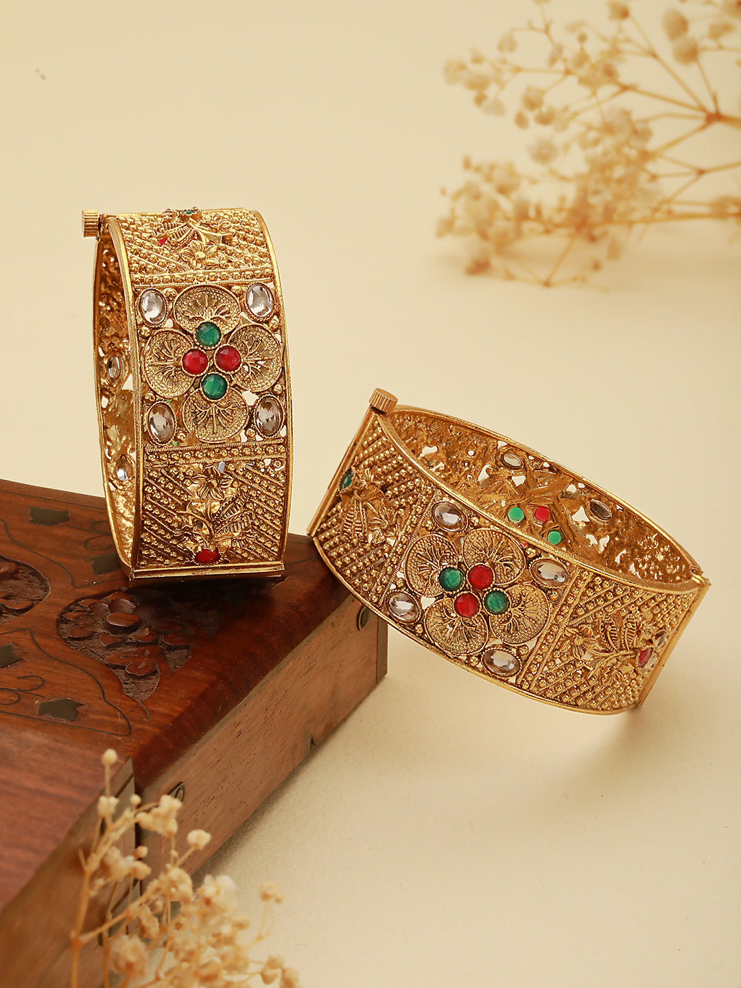 Set Of 2 Gold Plated Multi stone Studded Antique Bangles