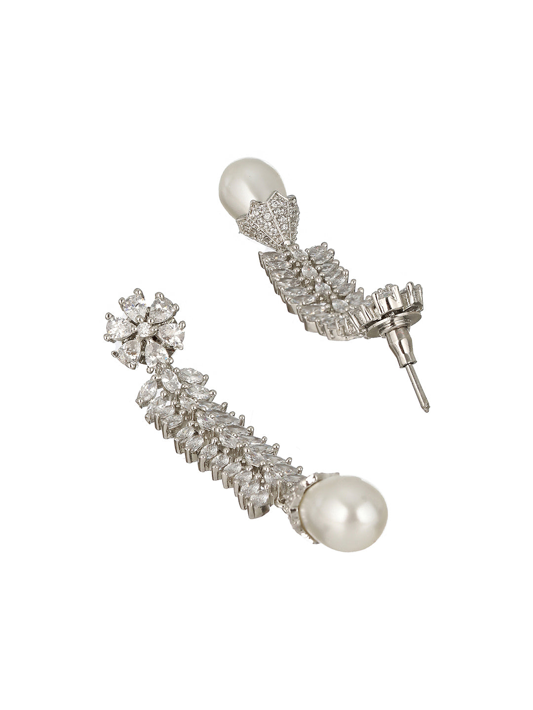 Silver Toned CZ Studded & Pearl Beaded Statement  Necklace  Jewellery Set