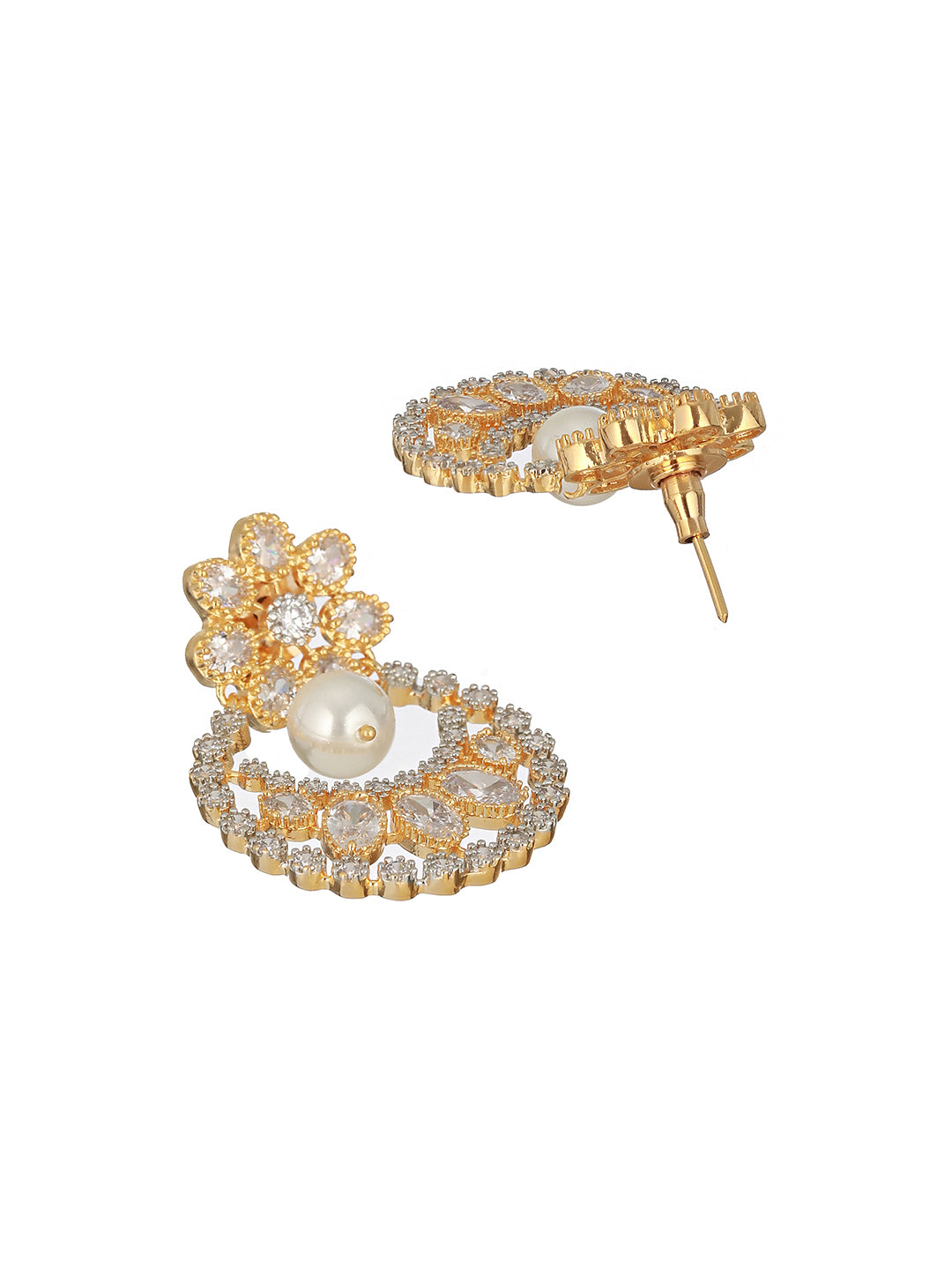 Gold Toned Zircon Studded Pearl Beaded Chandbali Drop  Earrings