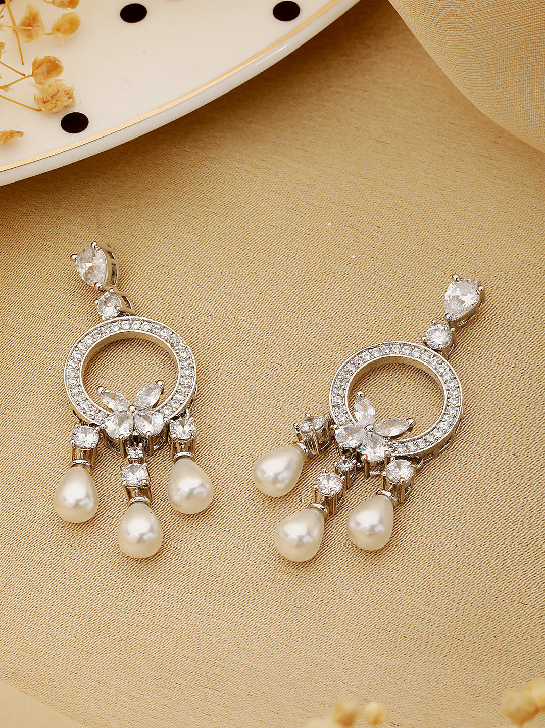 Silver Polish AD Studded Pearl Beaded Chandbali Earring