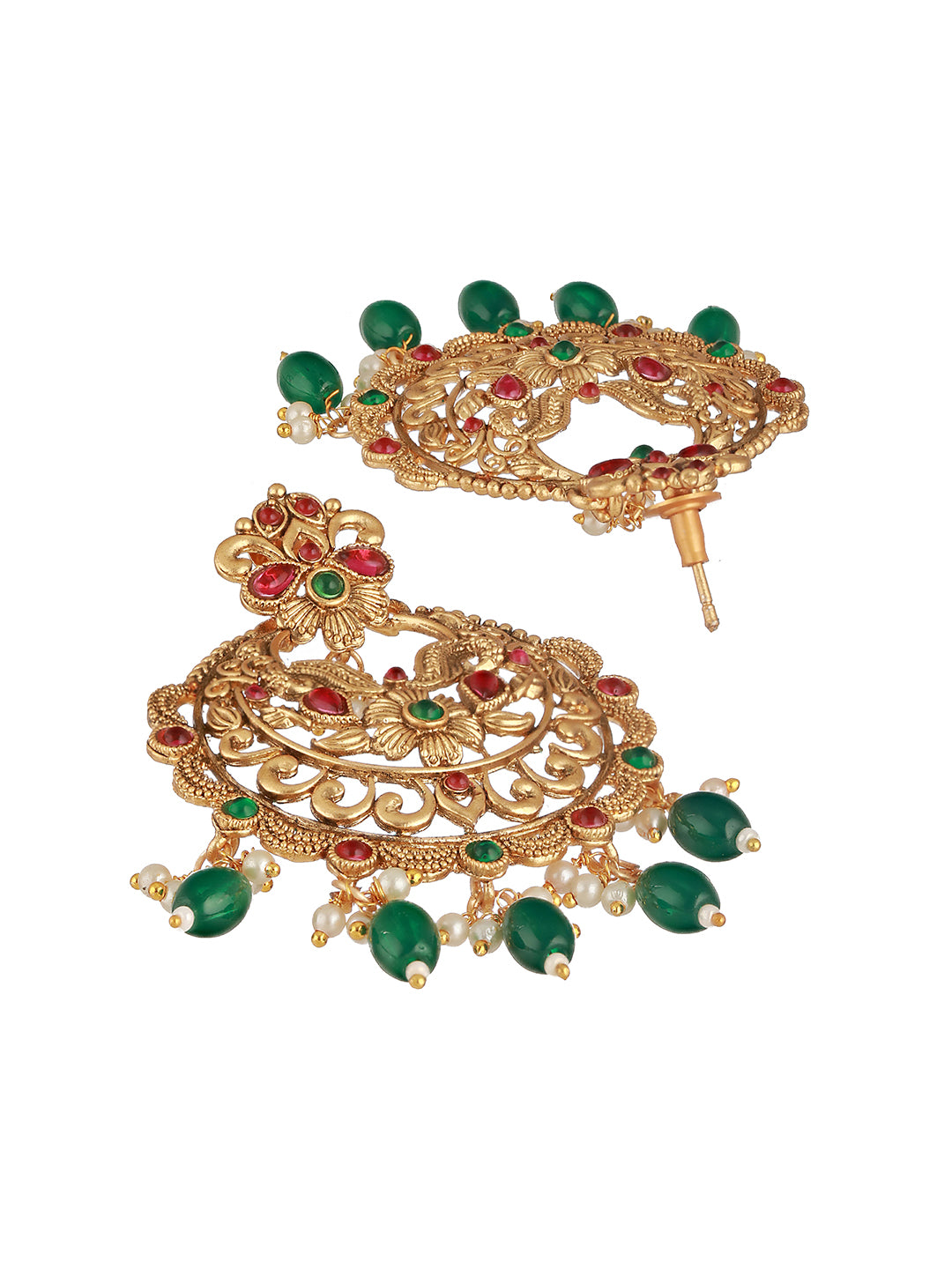 20K Gold Plated Red Stones Studded & Beaded Temple Chandbali Earrings