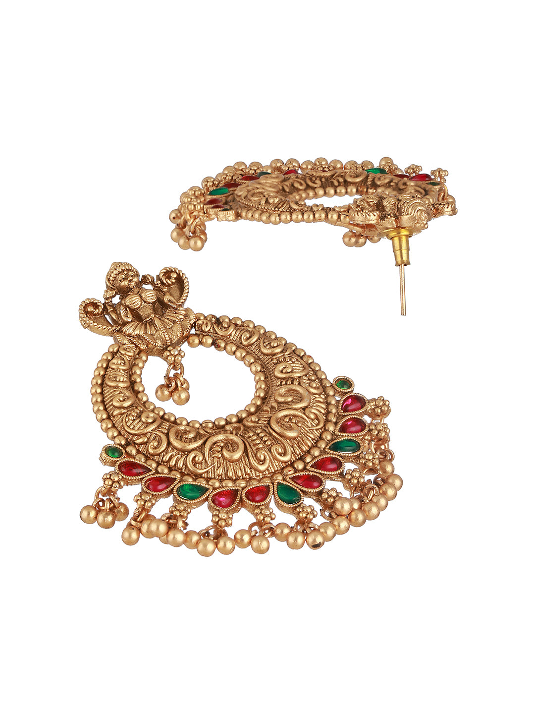 22K Gold Plated Red Kempo Lakshmiji Temple Chandbali Earrings