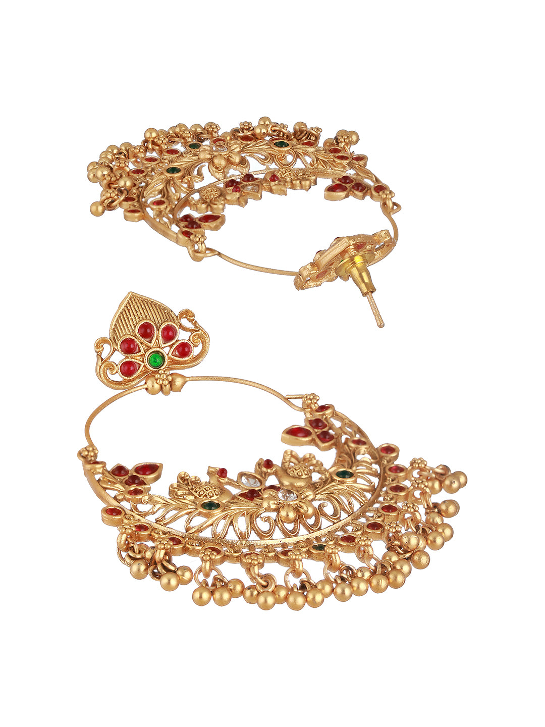 22K Gold Plated Red Stone Studded peacock Temple Chandbali Earrings