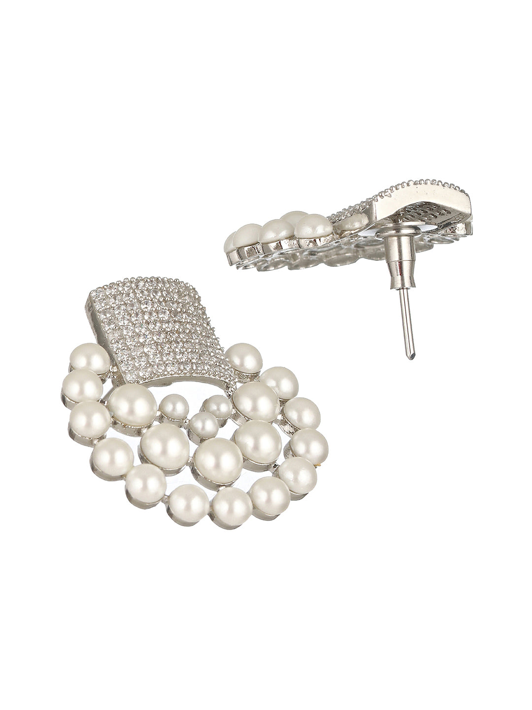Silver Toned CZ & Pearl Beaded Designer studds  Earrings