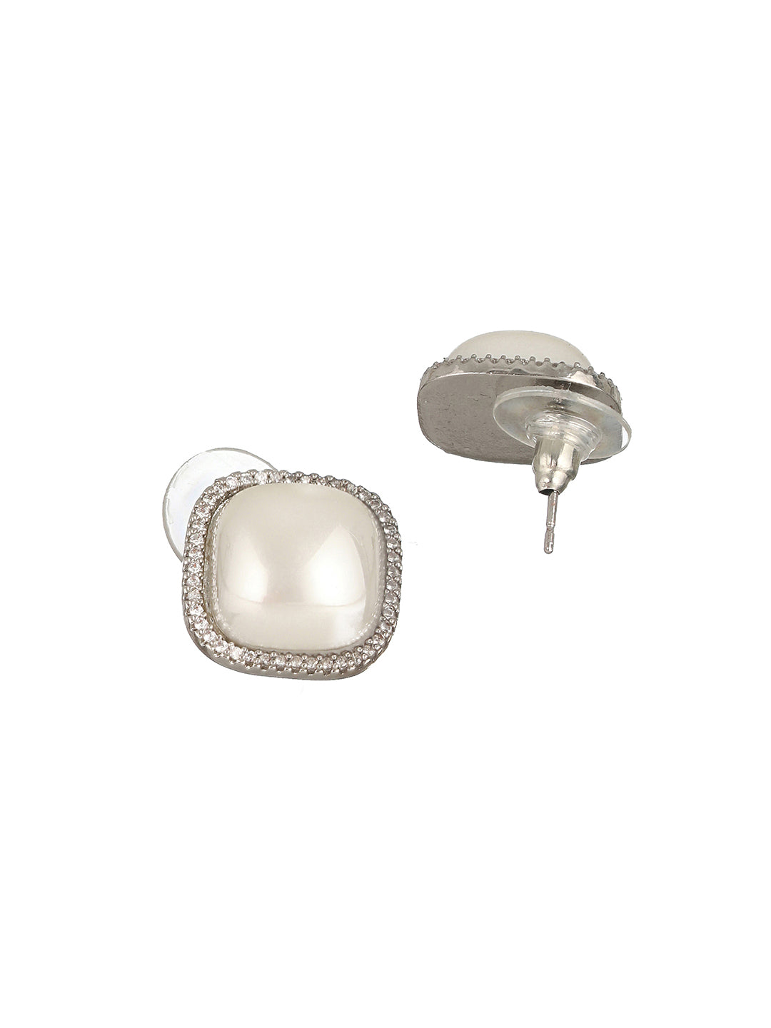 Silver Toned Pearl Minimal Square Studds Earring