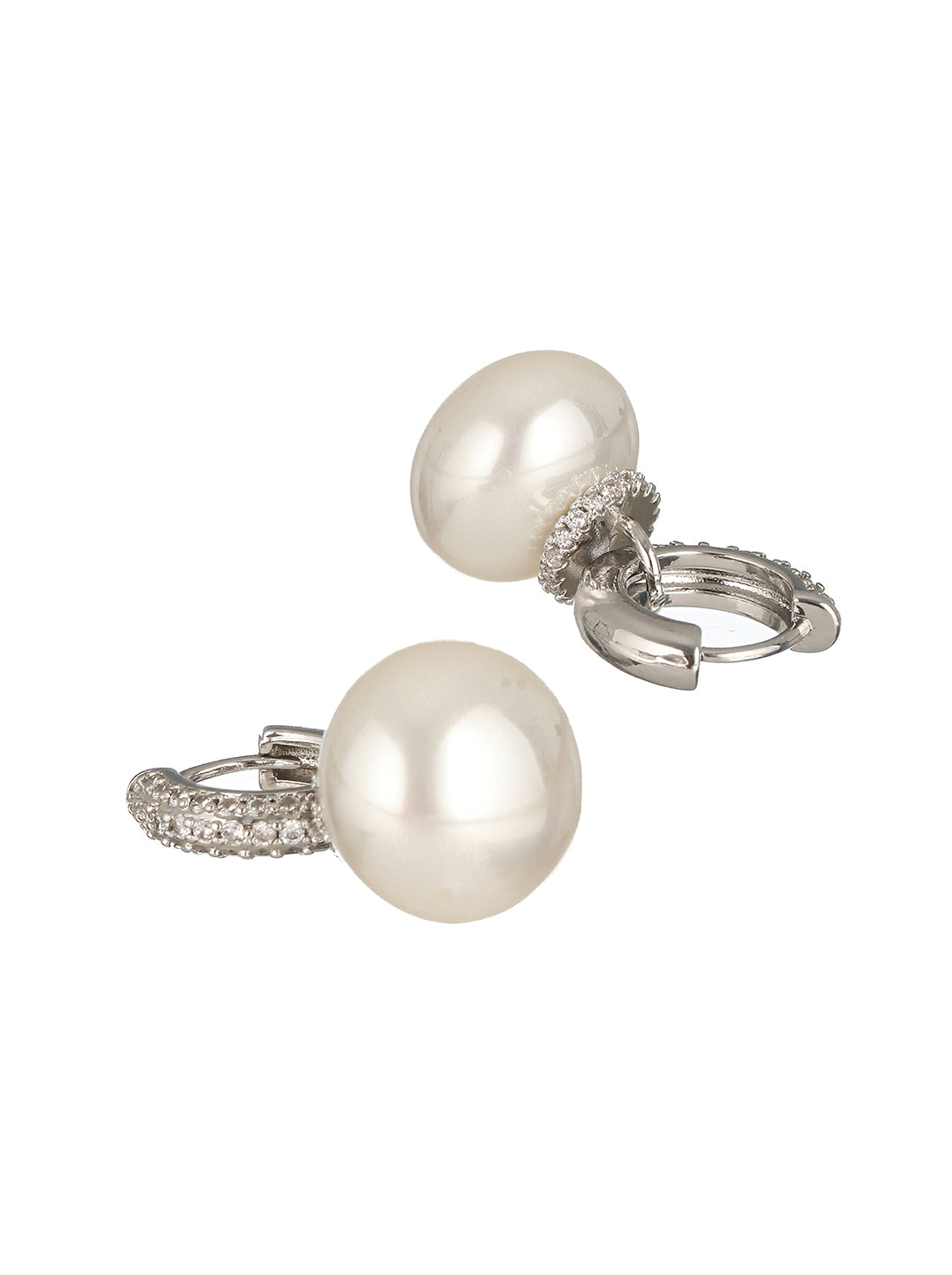 Silver Toned Pearl Drop Minimal Hoop Earrings