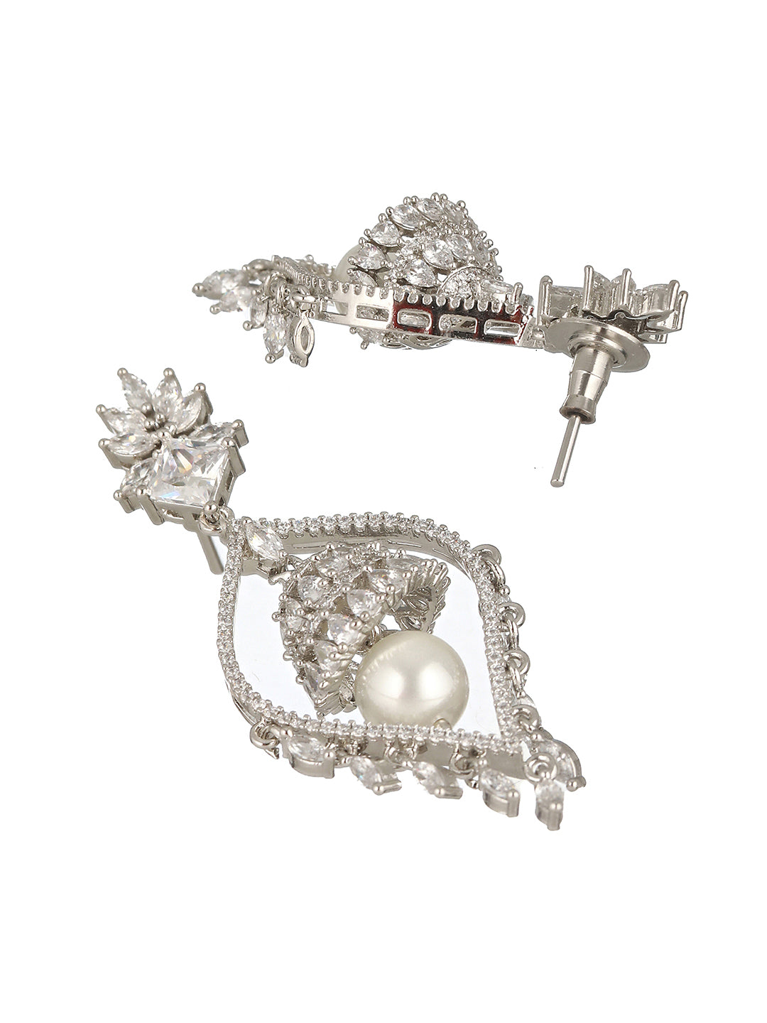 Silver Plated CZ Studded & Pearl Beaded Delicate Jhumka Chandelier Earrings