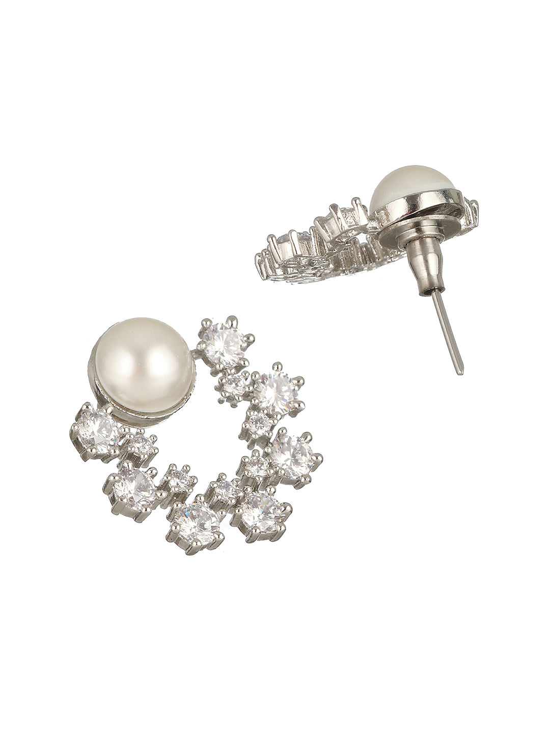 Silver toned Pearl & CZ Studded Minimal Hoop Studds  Earring