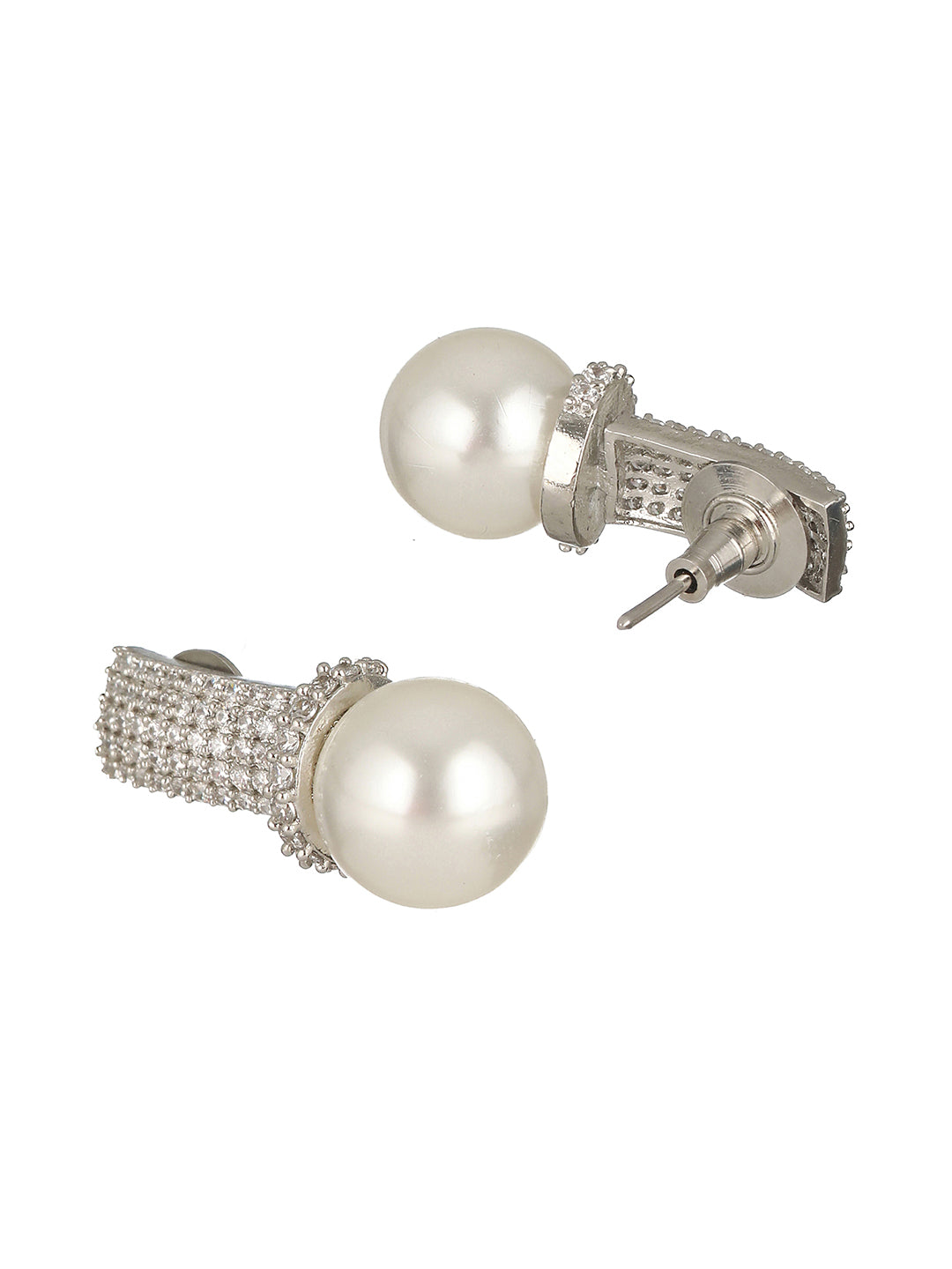 Silver Plated Pearl & CZ Studded Minimal Studds Earrings