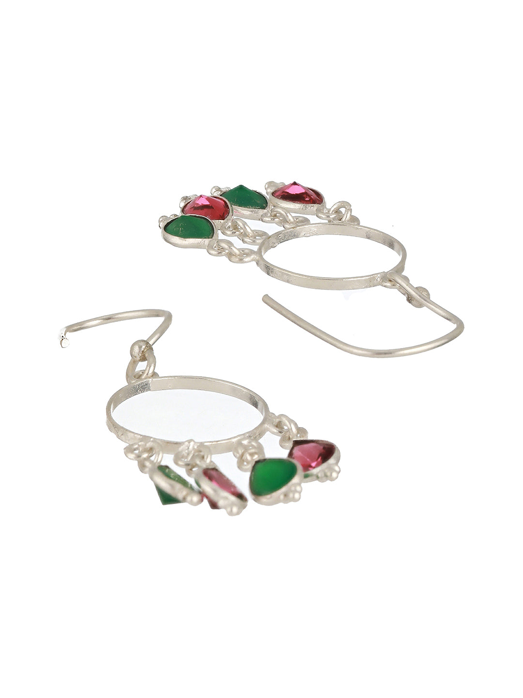 Silver Toned Red & Green AD Minimal Chandbali Earring