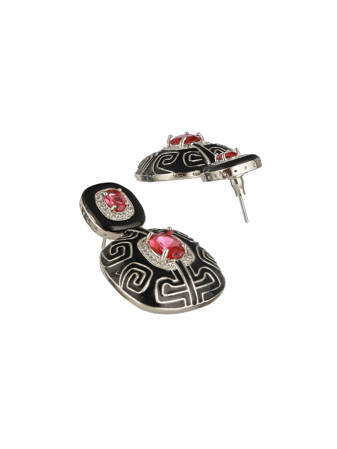 Black Enamelled Red AD studded Statement Drop Earrings