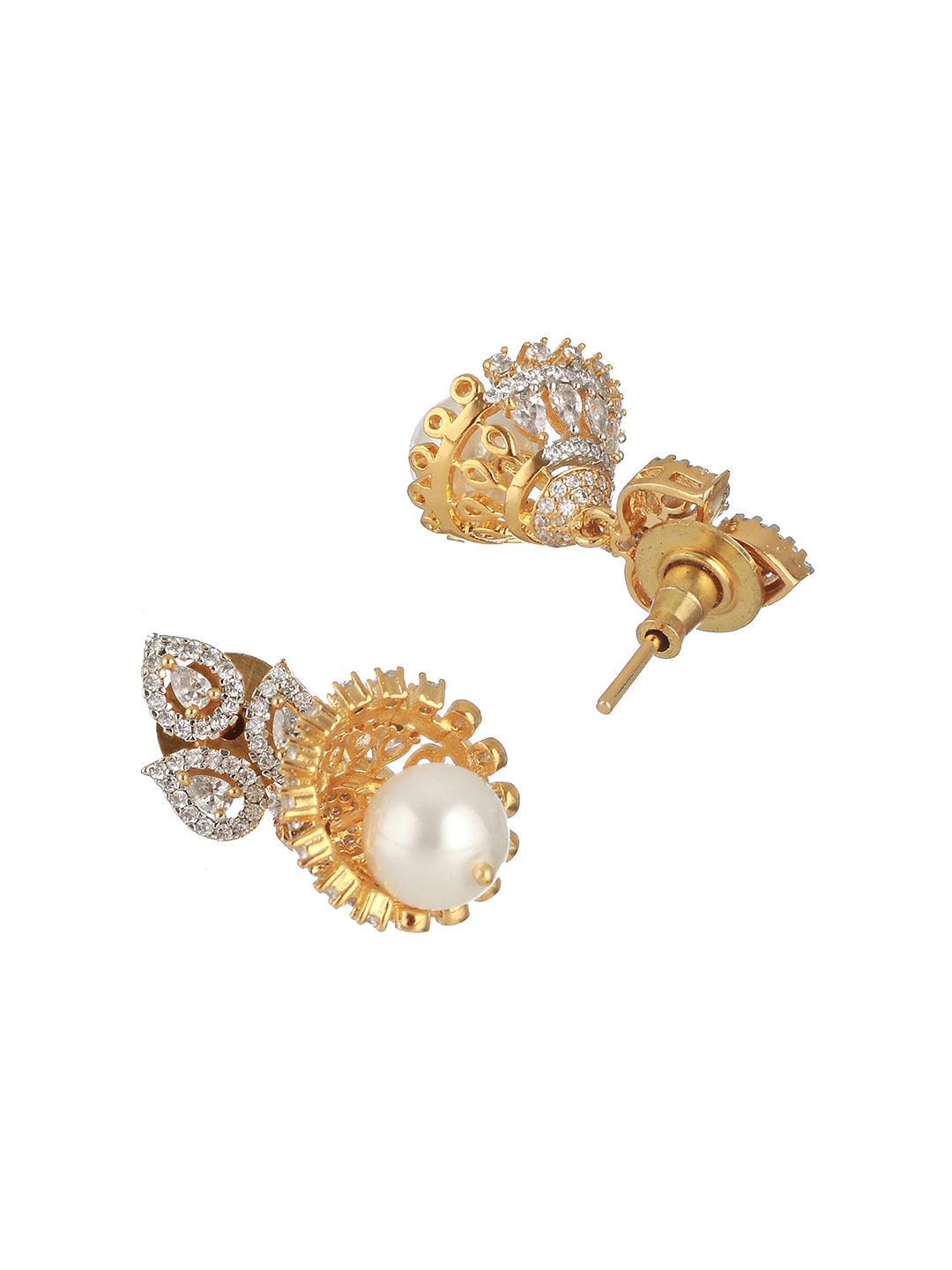Gold Plated Zircon & Pearl Beaded Minimal Jhumka Earring