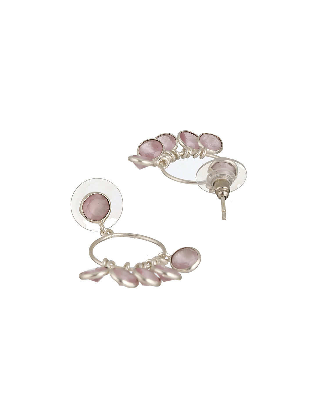 Silver Toned Pink AD Studded Minimal Necklace Chandbali Jewellery Set