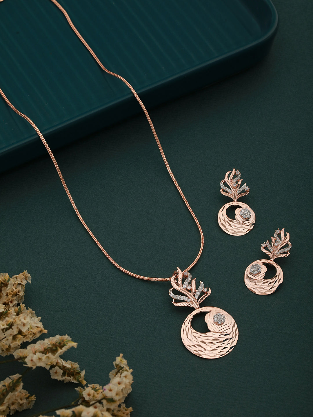 Rose Gold plated AD studded Round Pendant Earrings set chain