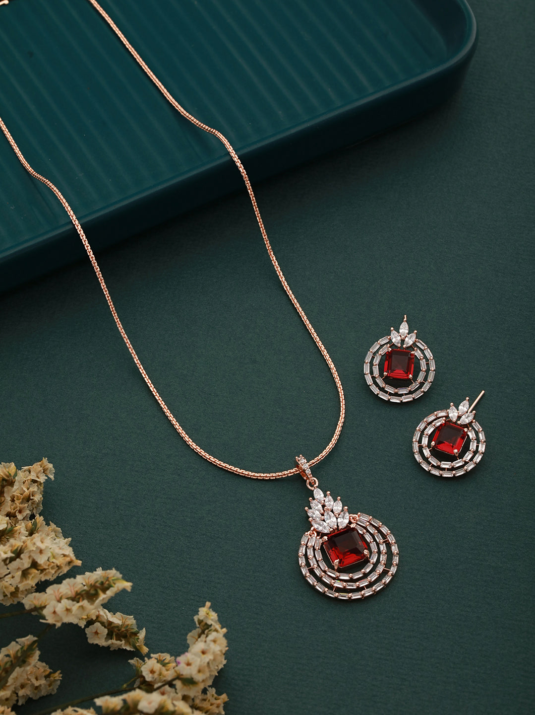 Rose Gold Plated Pink Ruby Studded Circle Pendant Locket Set Earrings and Chain