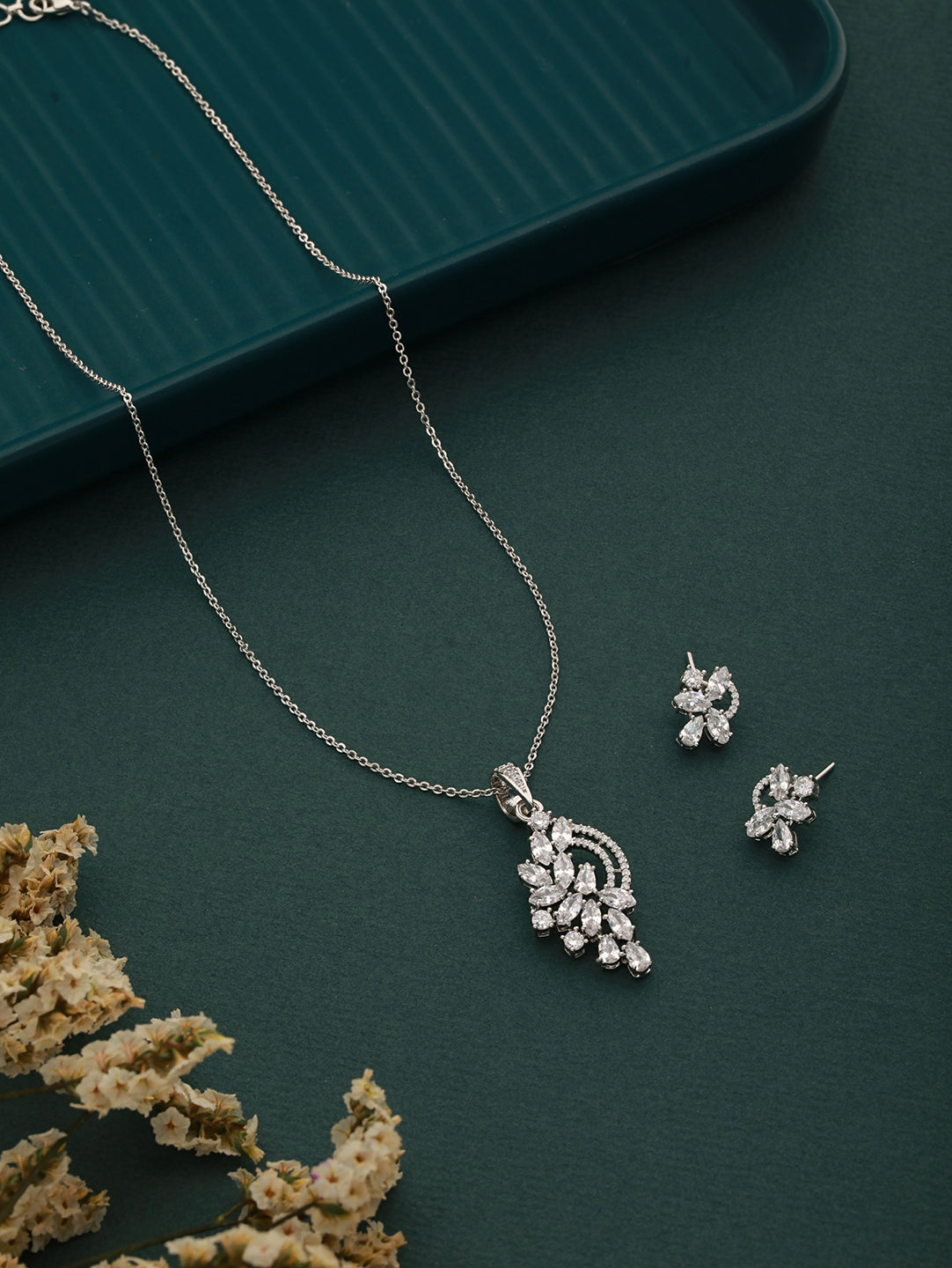 Silver Toned CZ Studded Minimal Statement Locket Jewellery Set