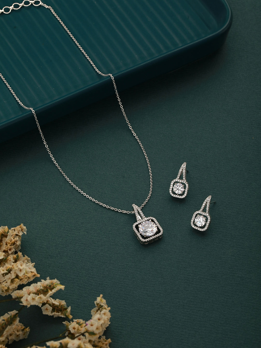 Silver Plated Solitaire AD Studded Minimal Design Locket Jewellery Set