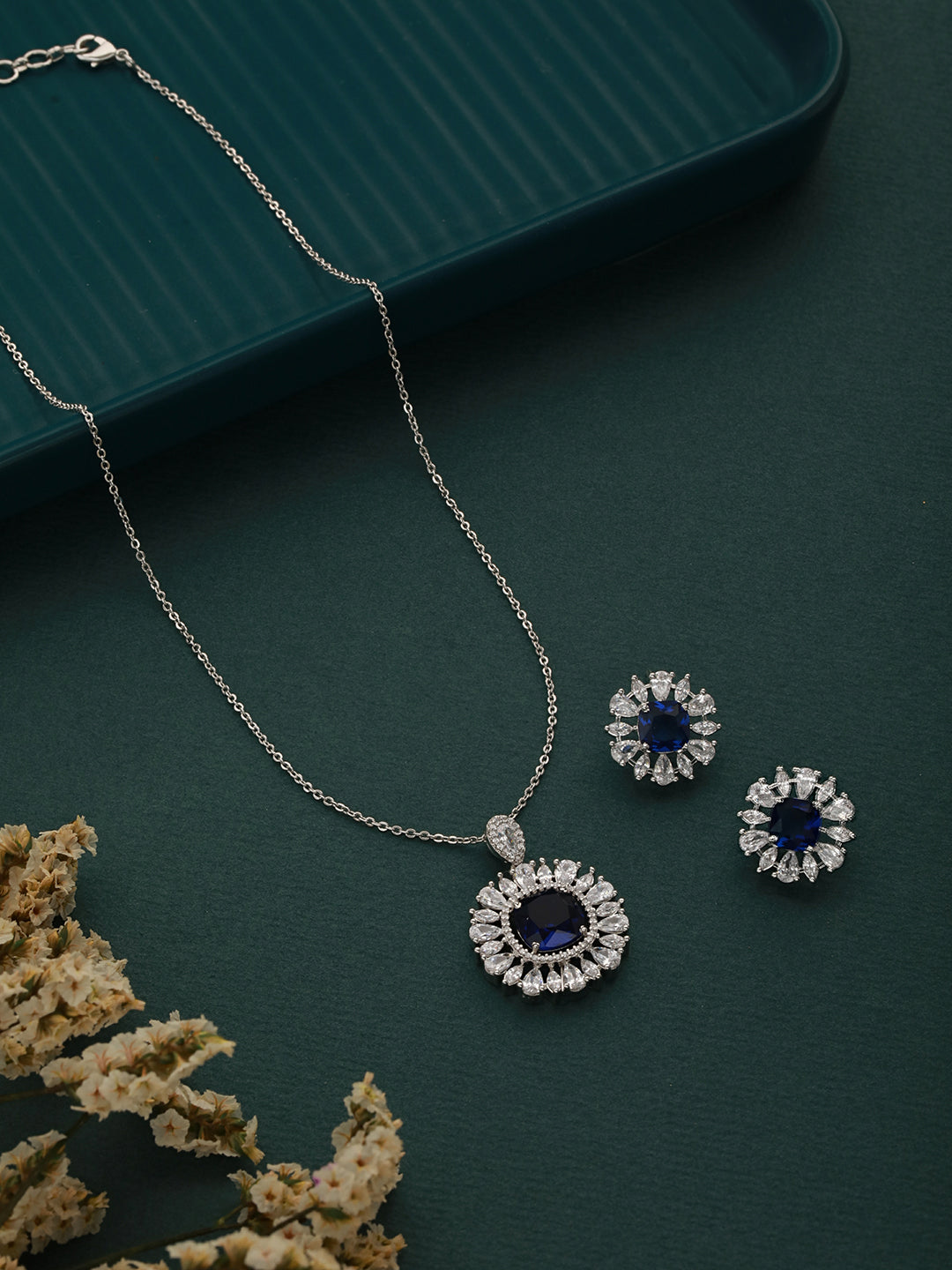 Silver plated Blue AD Studded statement  Locket  Jewellery Set