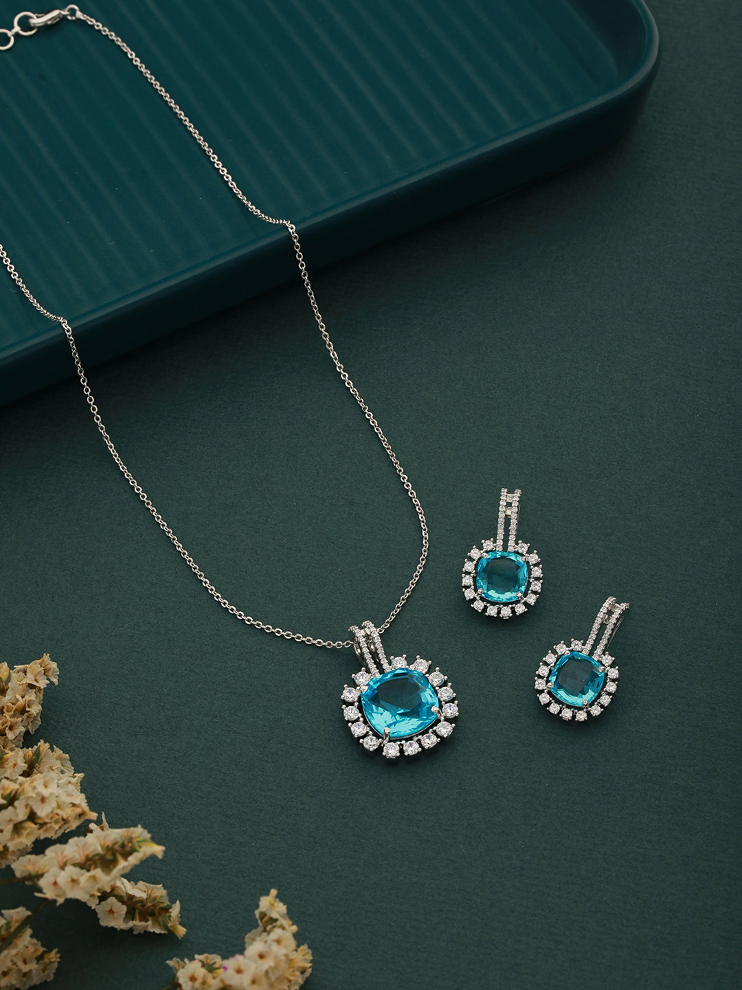 Silver Toned Aqua AD Studded Statement Locket Jewellery Set