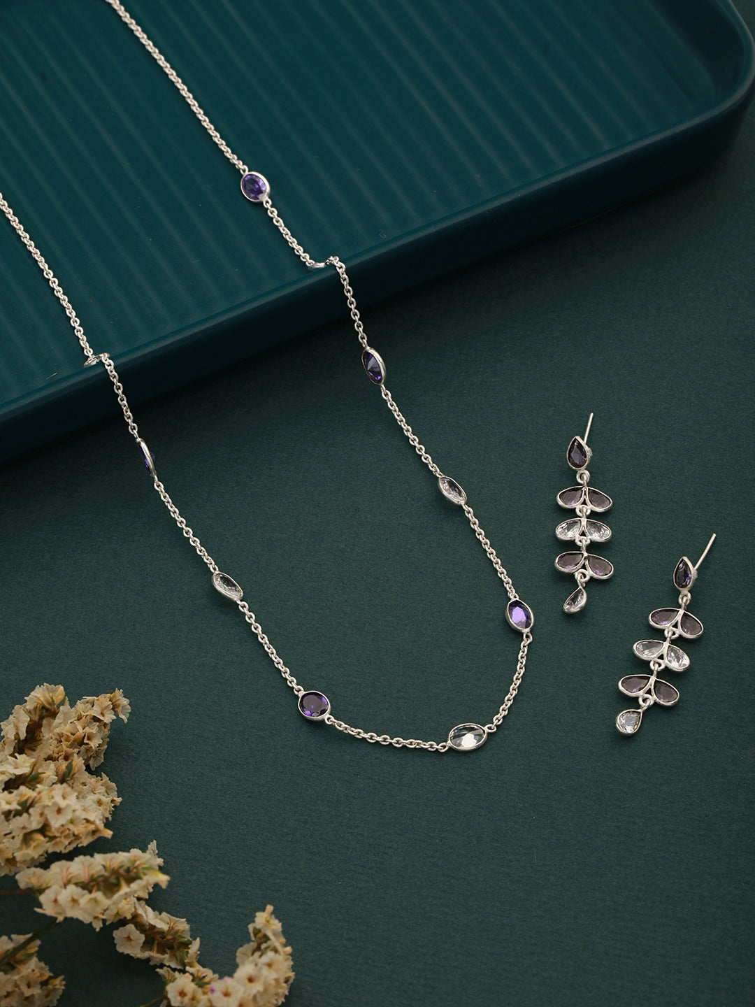 Silver Toned Amethyst Purple Minimal Necklace With Floral earrings Jewellery  Set