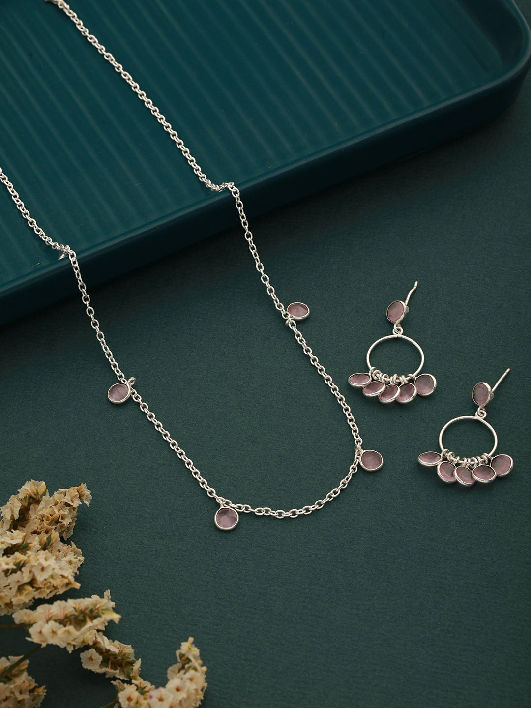 Silver Toned Pink AD Studded Minimal Necklace Chandbali Jewellery Set