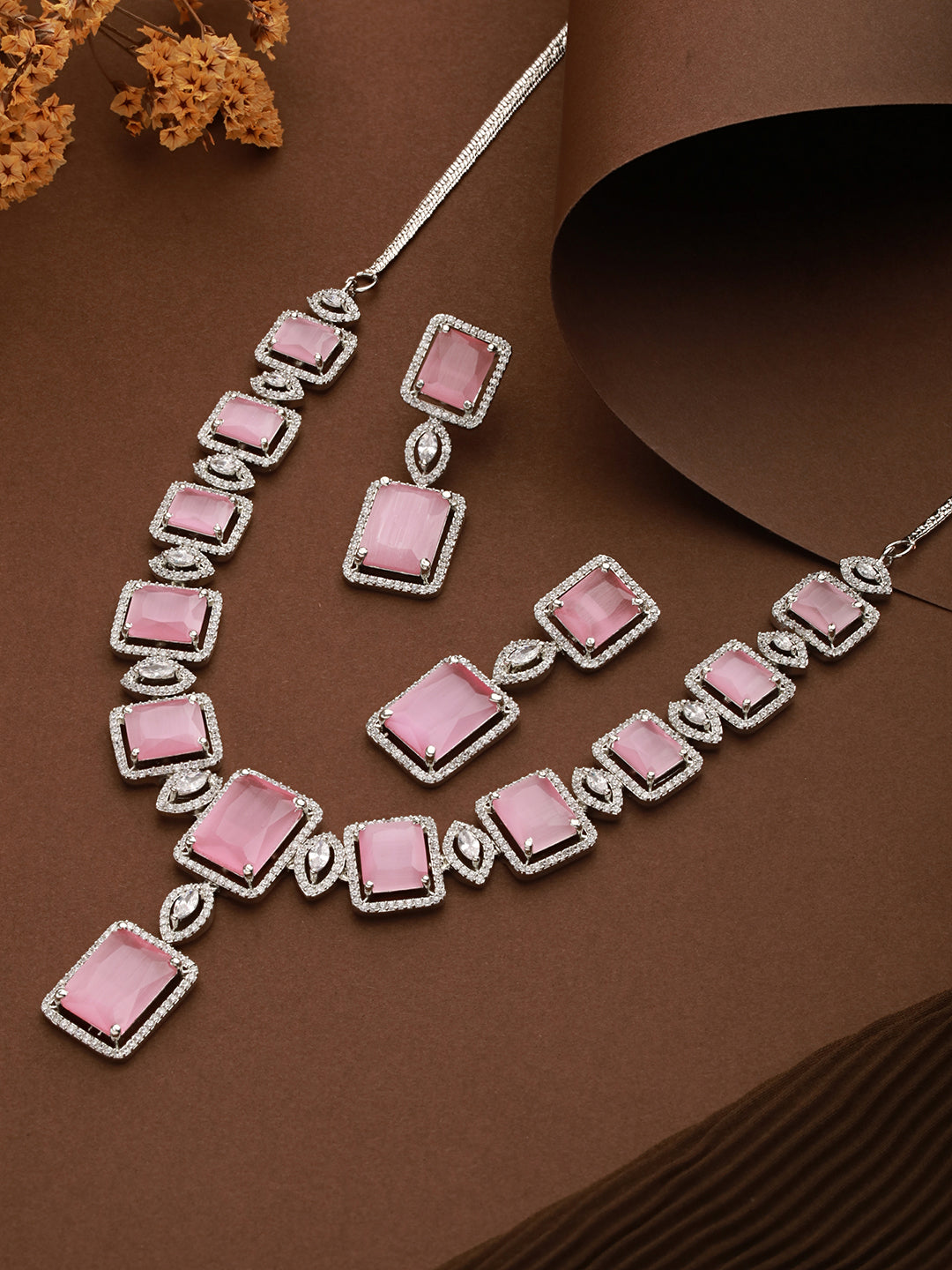 Big rose quartz stuuded handcrafted necklace set earrings