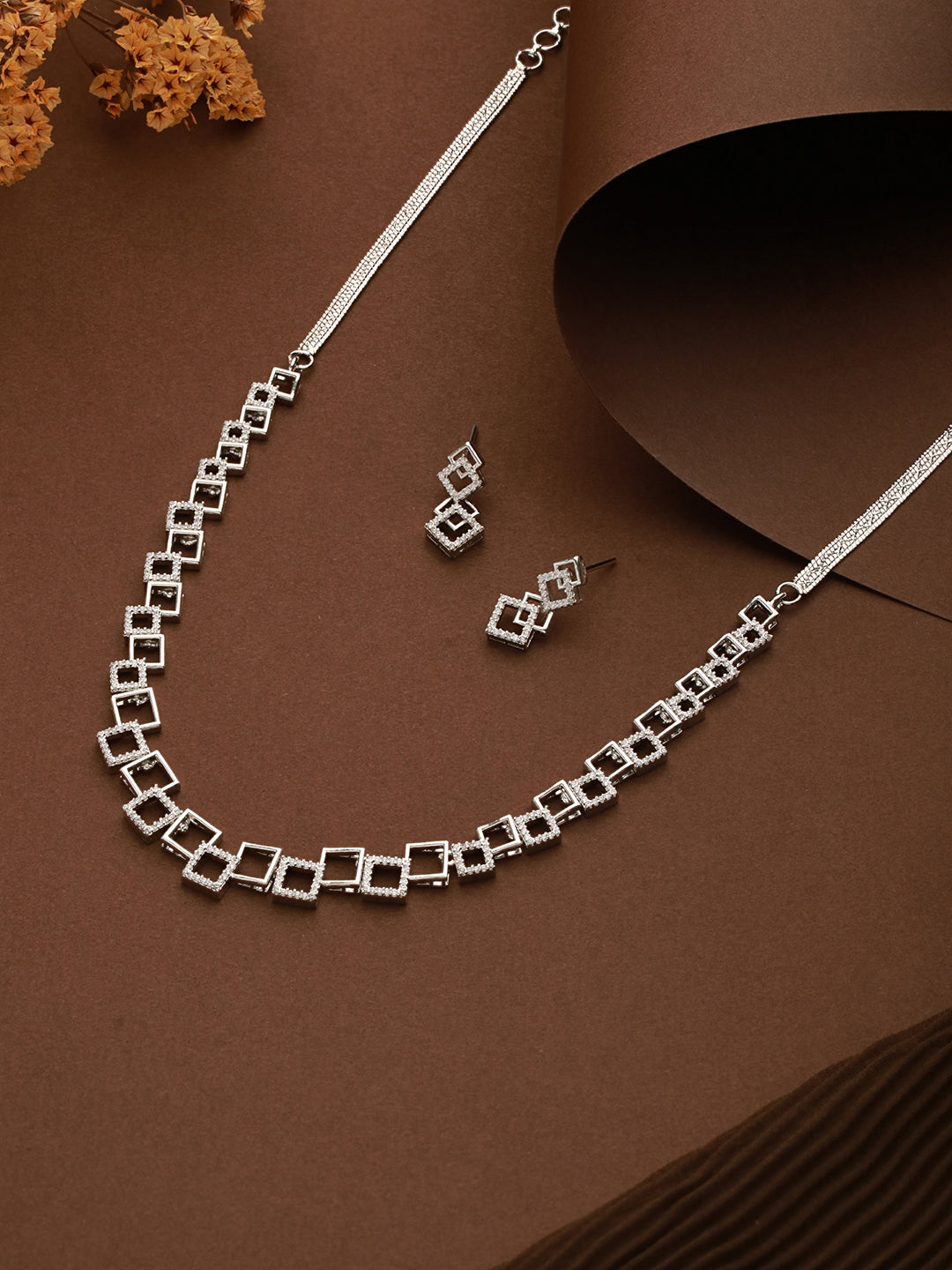 Silver Plated AD Studded Minimal Geometric Necklace Jewellery  Set