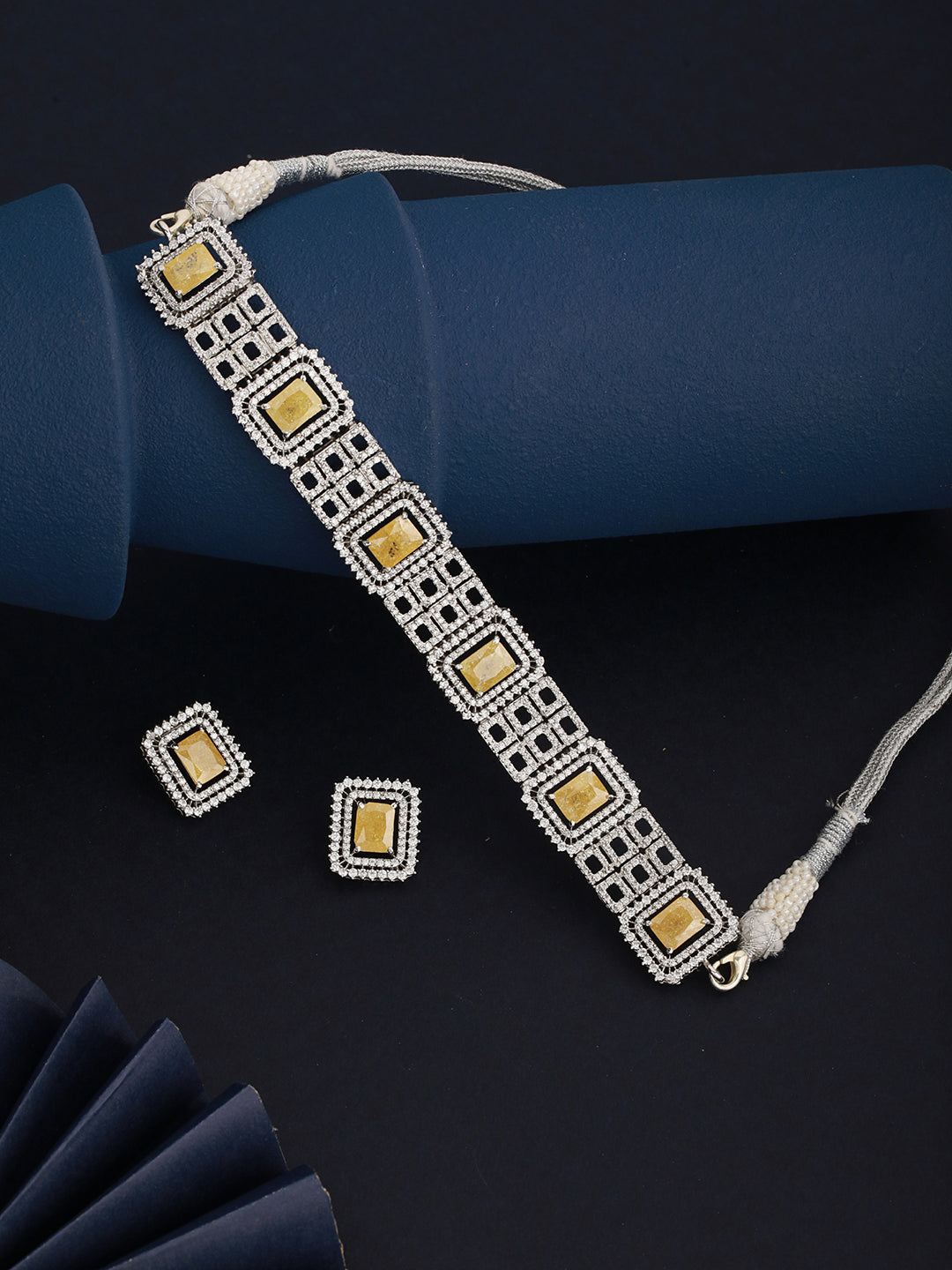 Rose Gold Plated Yellow AD studded Sleek Choker Jewellery Set