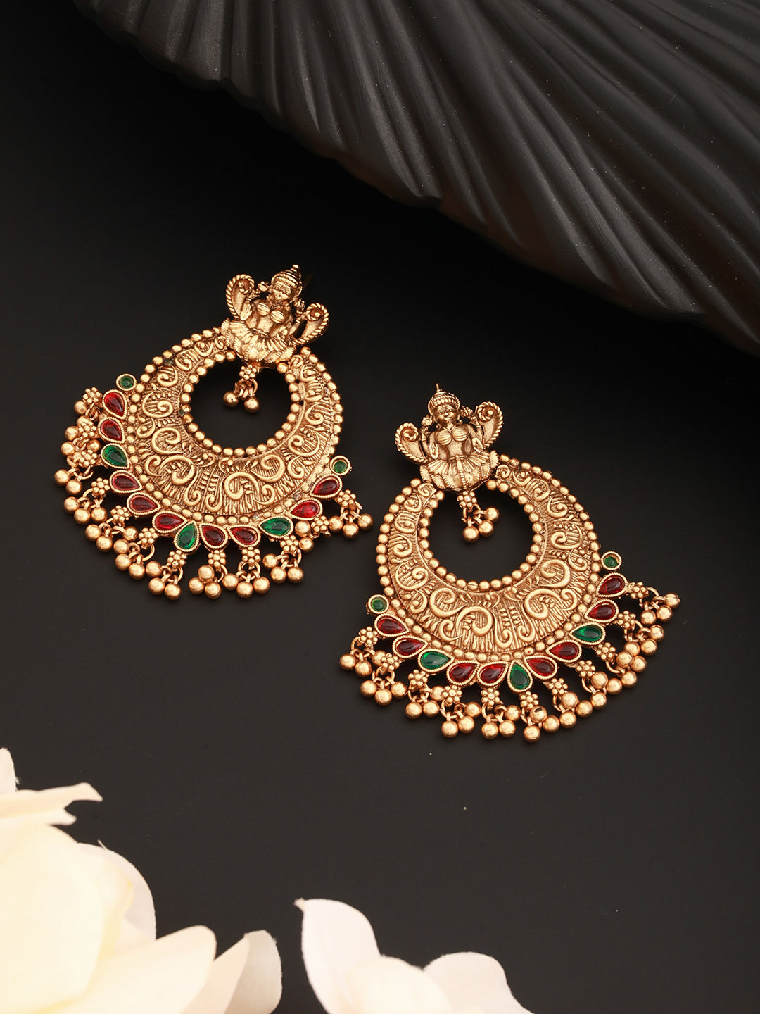 22K Gold Plated Red Kempo Lakshmiji Temple Chandbali Earrings