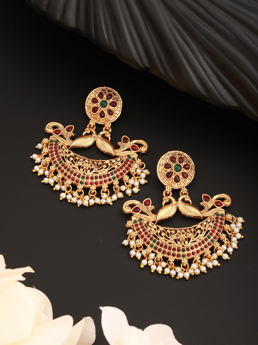 Gold Plated Crescent Shaped Peacock Chandbali Earrings