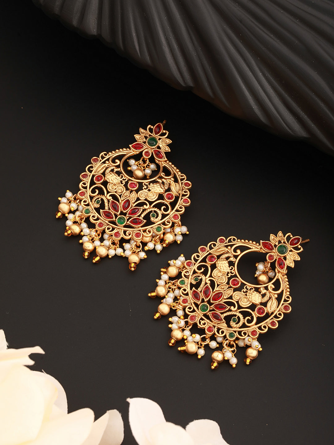 22k Gold Plated Red Kempo Temple Chandbali Earrings