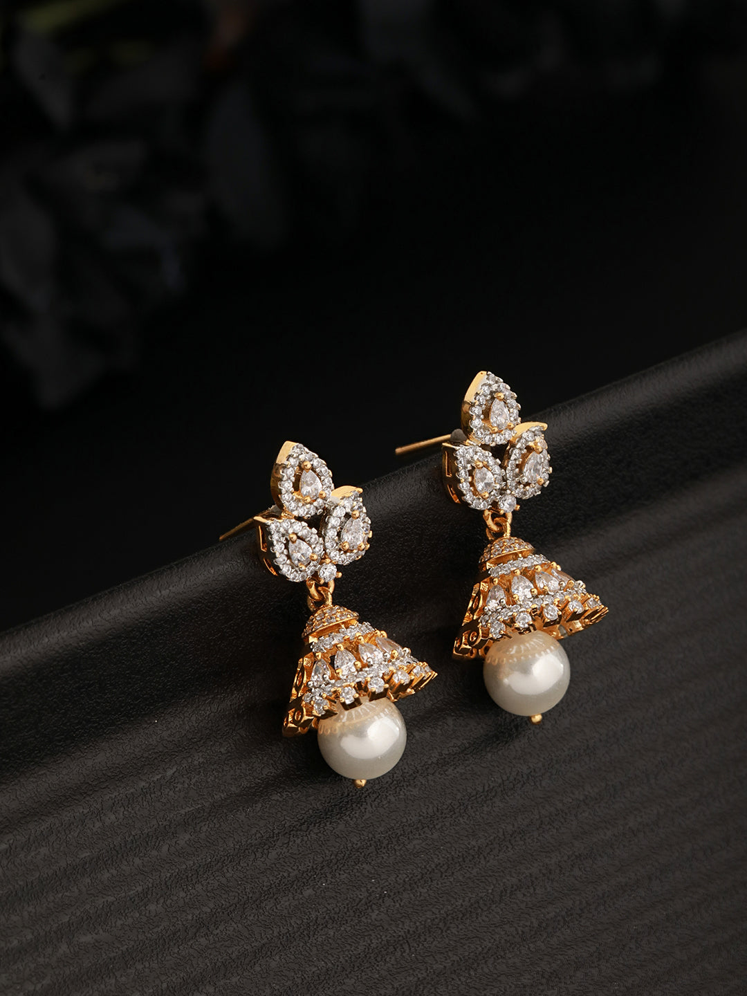 Gold Plated Zircon & Pearl Beaded Minimal Jhumka Earring