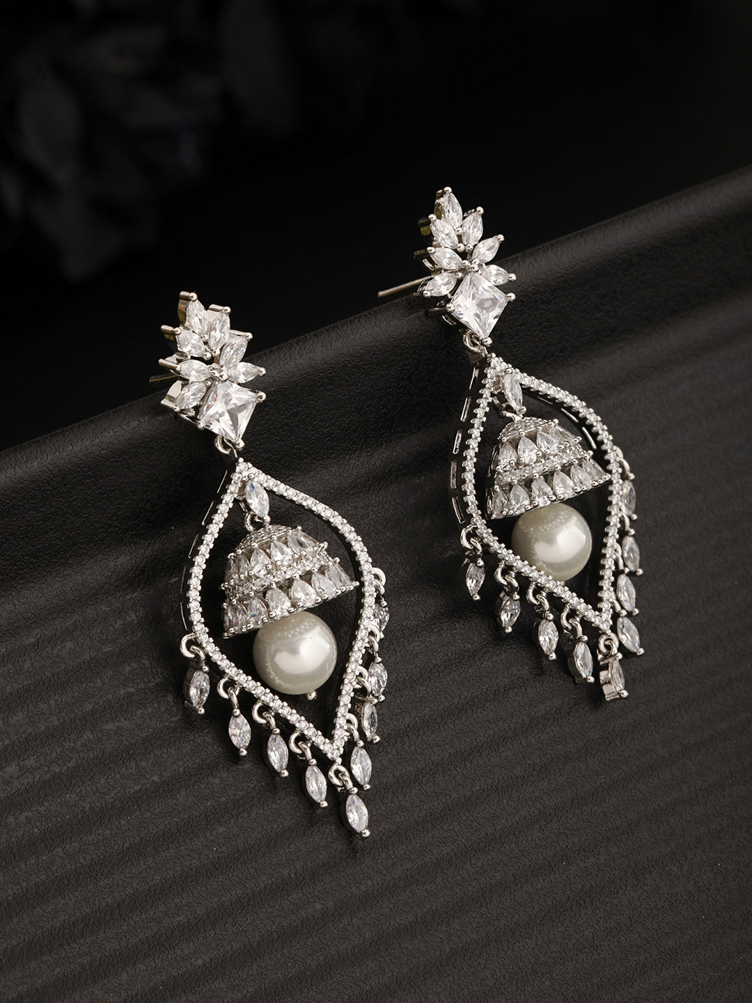 Silver Plated CZ Studded & Pearl Beaded Delicate Jhumka Chandelier Earrings