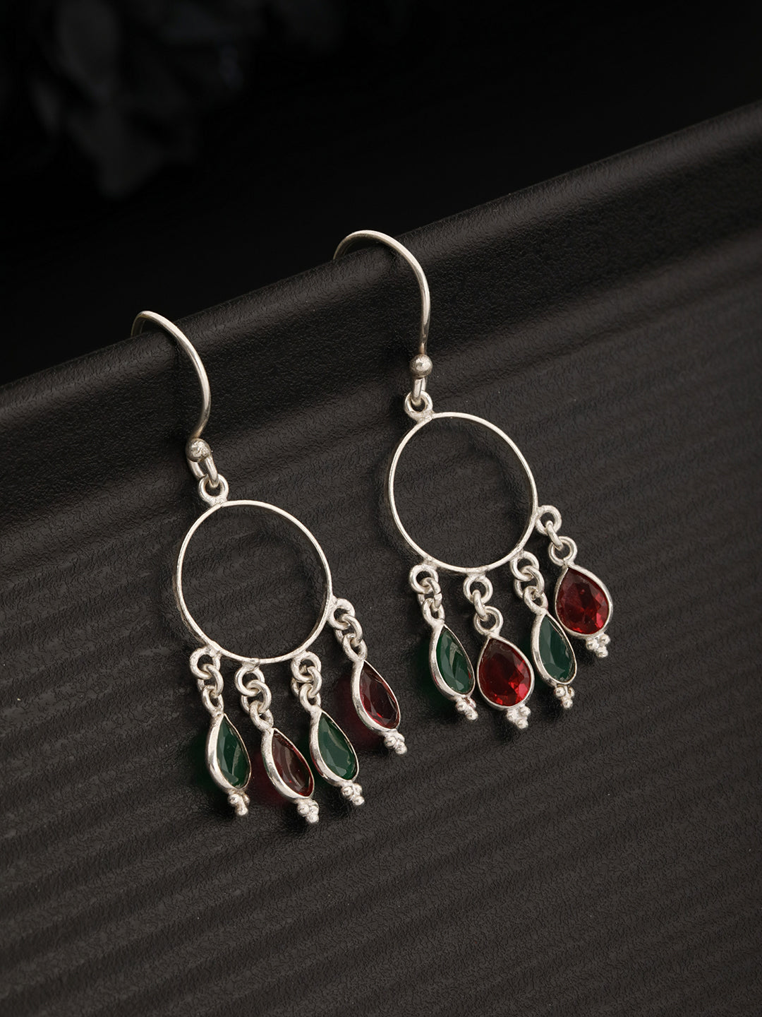 Silver Toned Red & Green AD Minimal Chandbali Earring