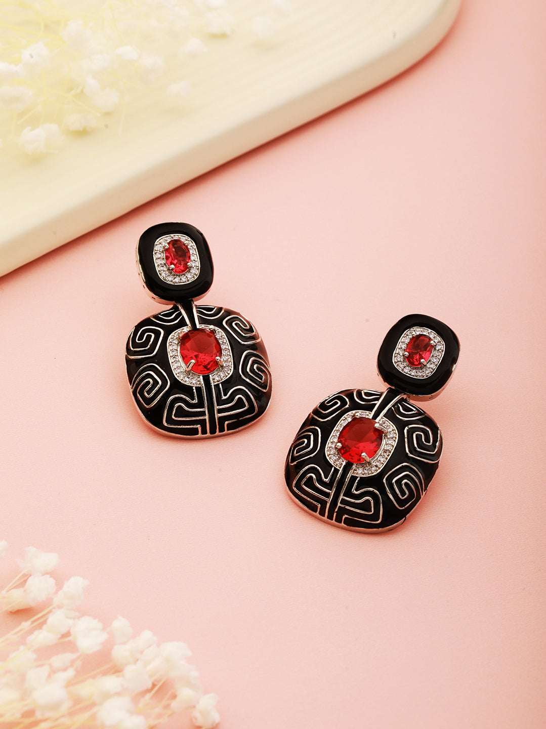 Black Enamelled Red AD studded Statement Drop Earrings