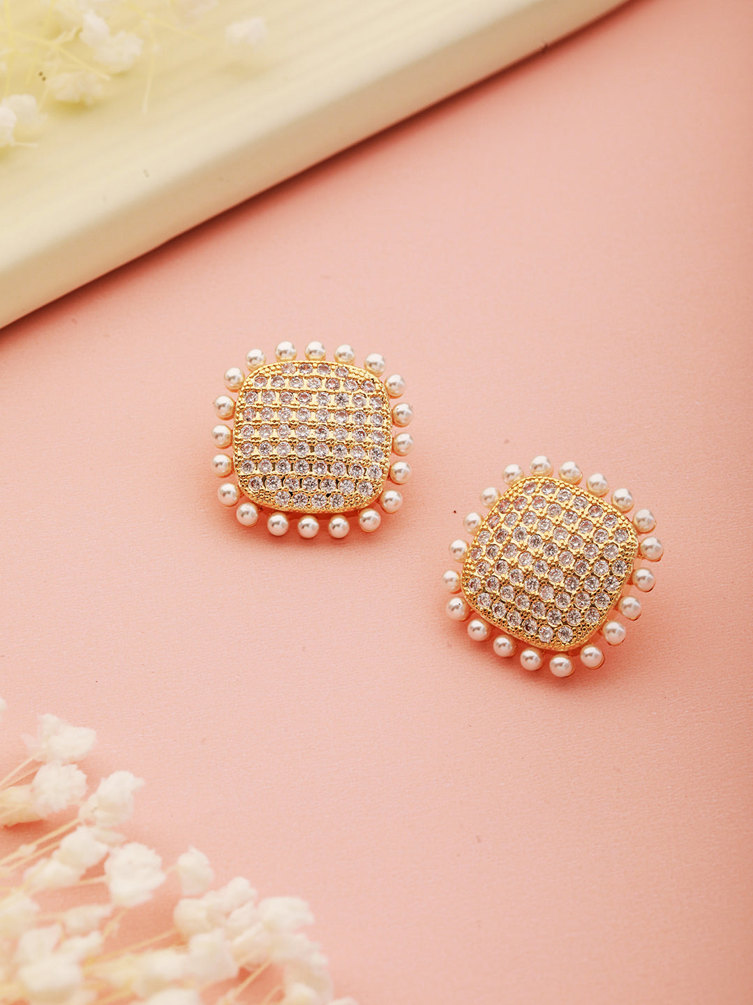 Gold Toned AD Studded Pearl Minimal Studds Earring