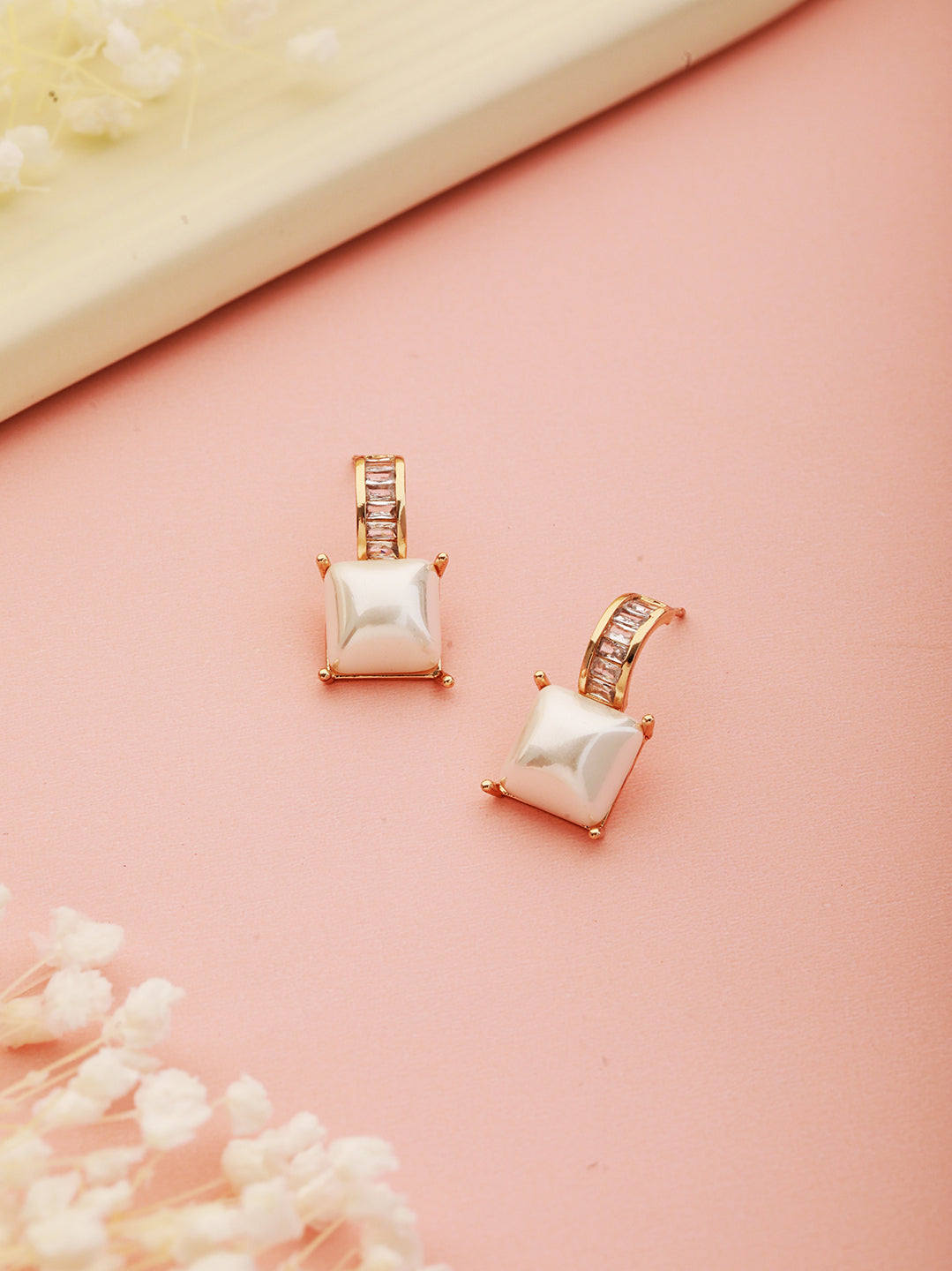 Gold Toned AD & Pearl Studded Minimal Drop Earrings