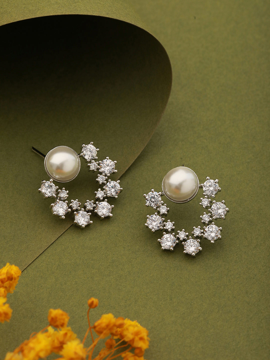 Silver toned Pearl & CZ Studded Minimal Hoop Studds  Earring