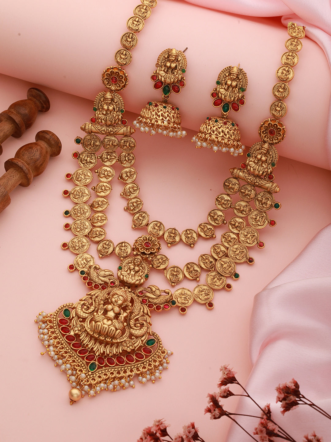22K Gold-Plated Stone-Studded & Beaded Temple Lakshmiji Coin Bridal  Jewellery Set