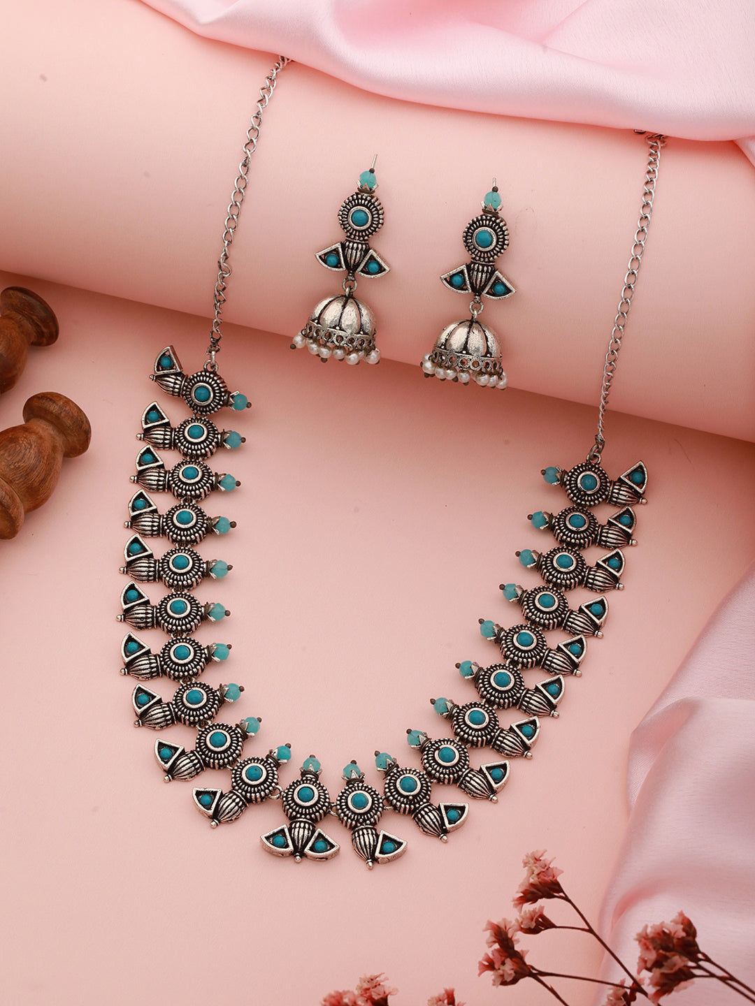 Oxidised Silver Toned Aqua Turquoise Choker Jewellery set