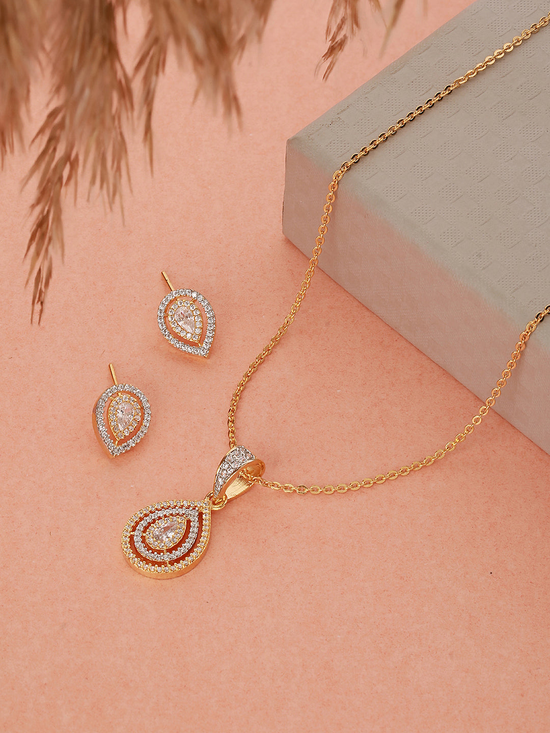 Gold Toned CZ Studded Tilak Shaped Minimal Locket Jewellery  Set