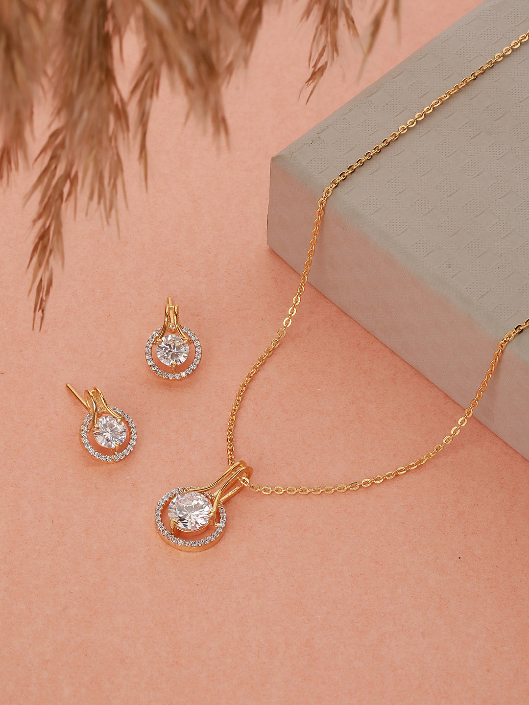 Gold Toned Solitaire AD Studded Minimal Locket Jewellery  Set