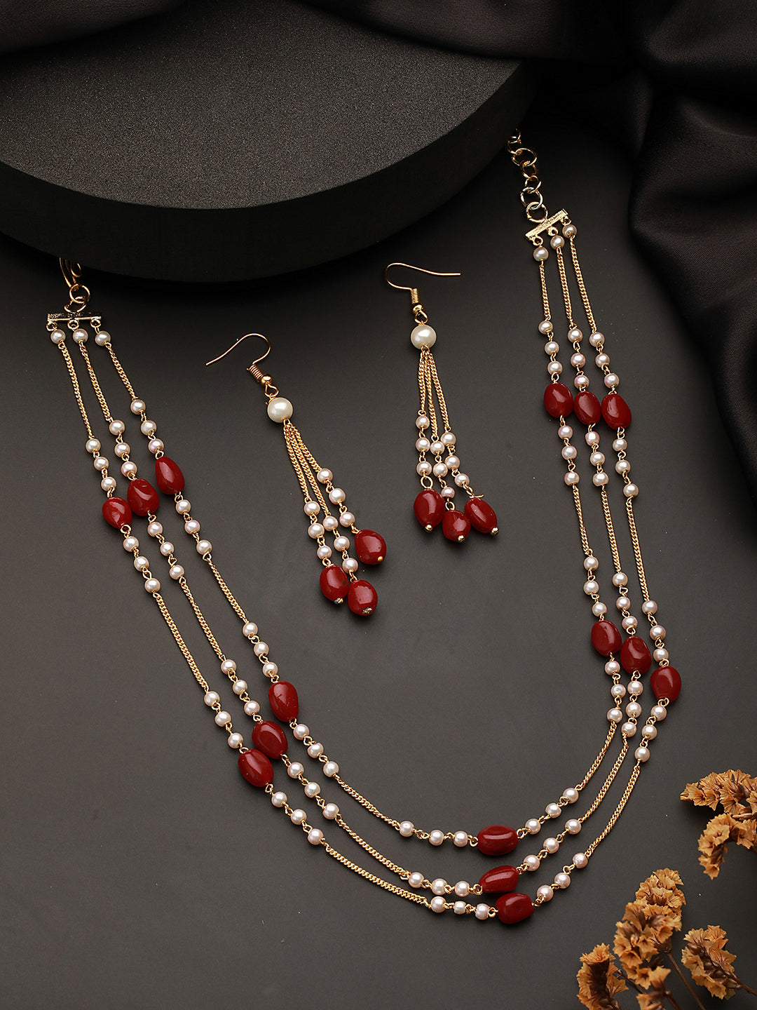 Gold Plated Red Pearl Maala Necklace Jewellery  Set