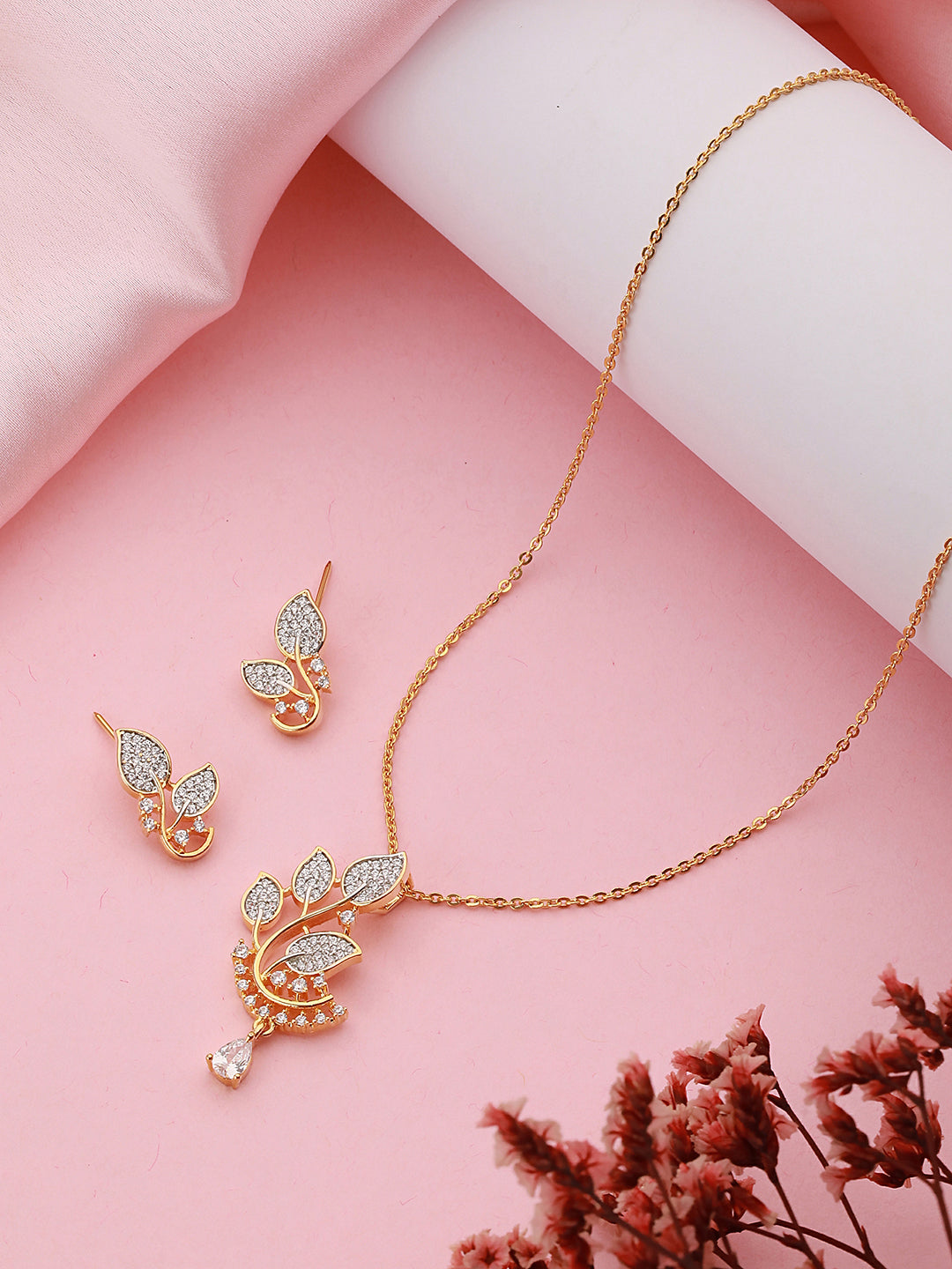 Gold Plated CZ Floral Minimal Locket Jewellery  Set