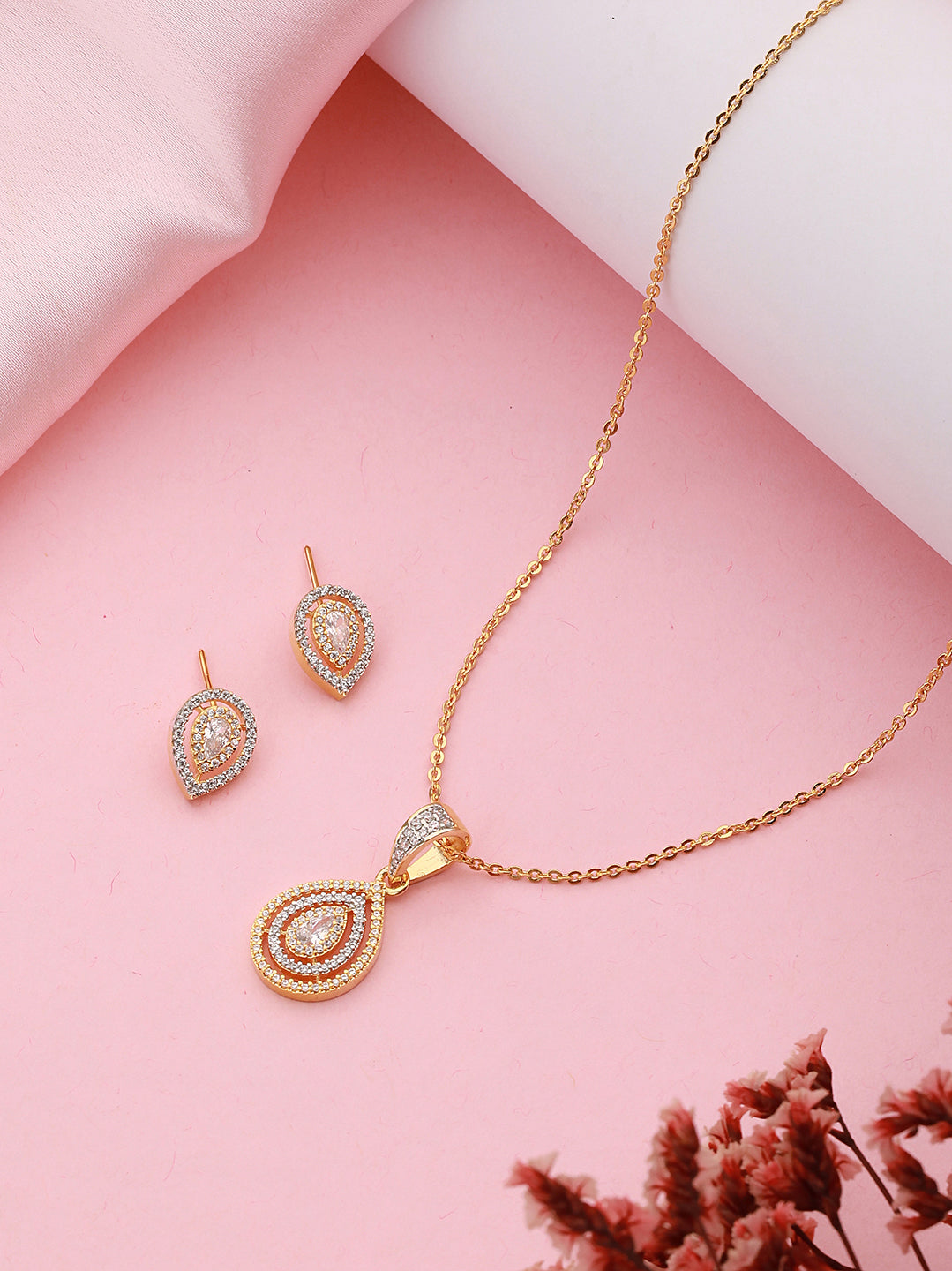 Gold Toned CZ Studded Tilak Shaped Minimal Locket Jewellery  Set